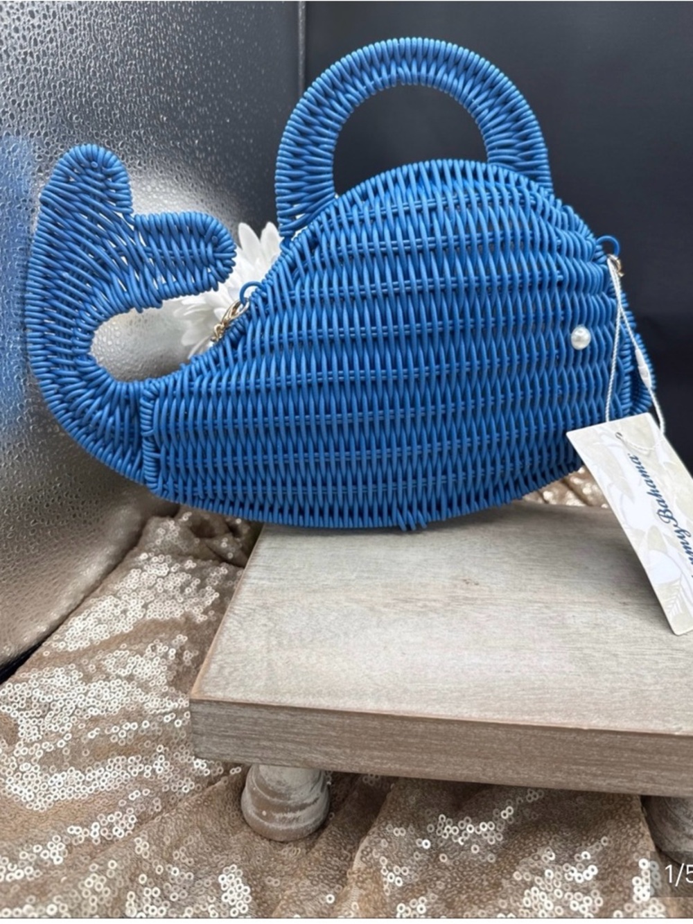 Tommy Bahama Nautical Wicker Woven Blue Whale Purse Clutch w/ Gold  Strap NWT